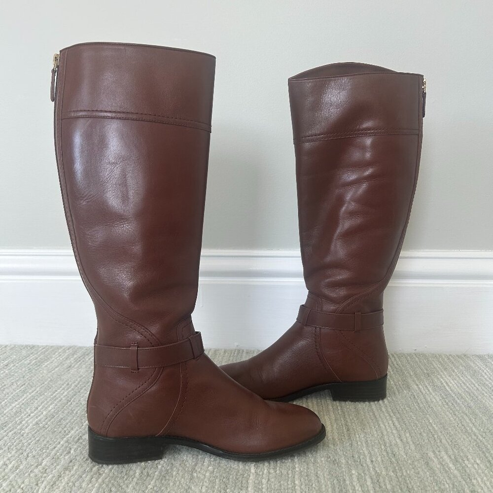 Tory Burch Adeline Riding Boots | Brown/Gold Size 8 - Picture 3 of 7